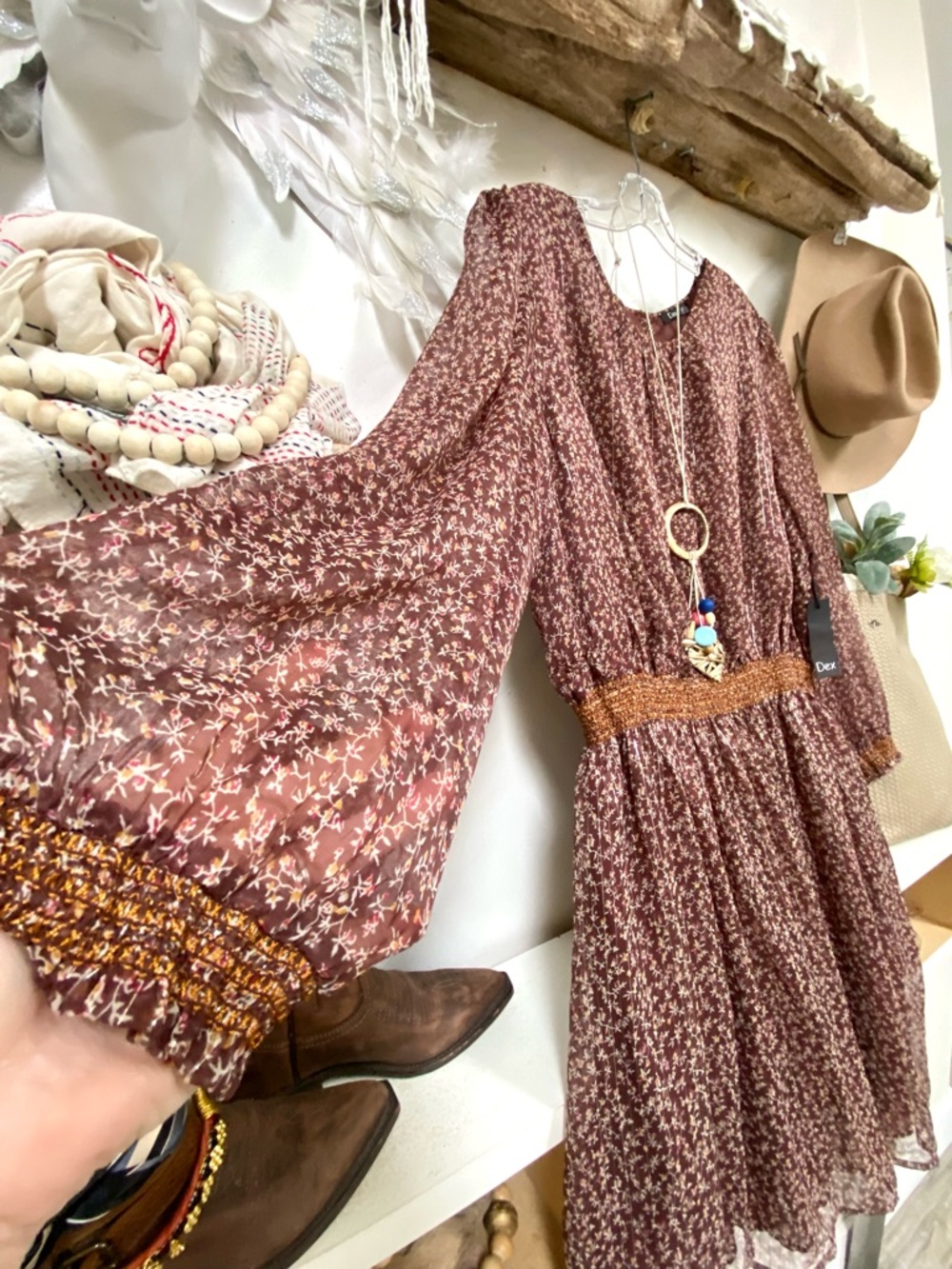 Prairie vibe boho dress w semi sheer exaggerated ballon sleeves shabby chic feel - Picture 13 of 16